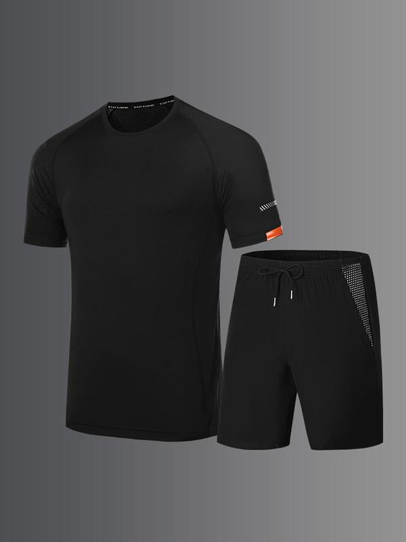 Men's Summer Two-Piece Apparel Set: Solid Round Neck T-Shirt and Drawstring Waist Shorts, Raglan Sleeve Sports Top with Track Shorts