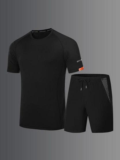 Men's Summer Two-Piece Apparel Set: Solid Round Neck T-Shirt and Drawstring Waist Shorts, Raglan Sleeve Sports Top with Track Shorts