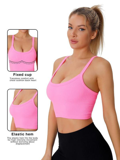 Women'S Solid Backless Crop Sports Vest, Casual Sporty Scoop Neck Sleeveless Crop Compression Tank Top for Yoga Gym Workout, Ladies Sportswear for Summer, Running Vest