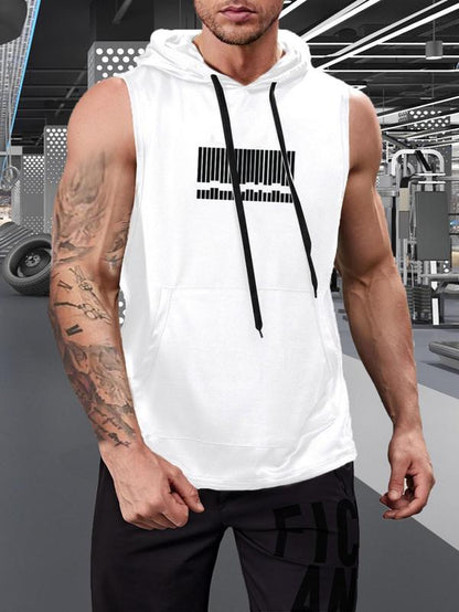 Men'S Graphic Drawstring Hooded Sports Tank Top, Regular Fit Sleeveless Sweat Activated Sports Top, Summer Outfits 2024, Men'S Sportswear Clothing